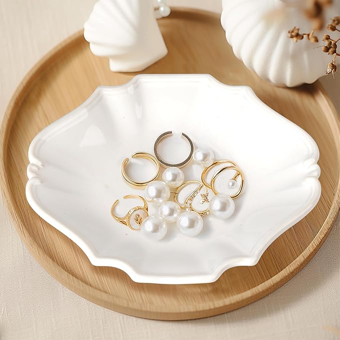 Ceramic Jewelry Dish, Decorative Tray for Rings Earrings Necklaces Bracelet Watch Keys, 4.50" Trinket Tray as Gifts for Women (White Court)