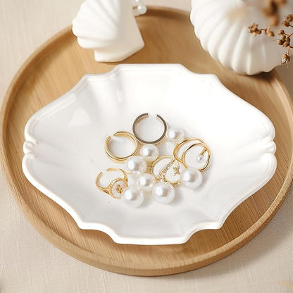 Ceramic Jewelry Dish, Decorative Tray for Rings Earrings Necklaces Bracelet Watch Keys, 4.50" Trinket Tray as Gifts for Women (White Court)