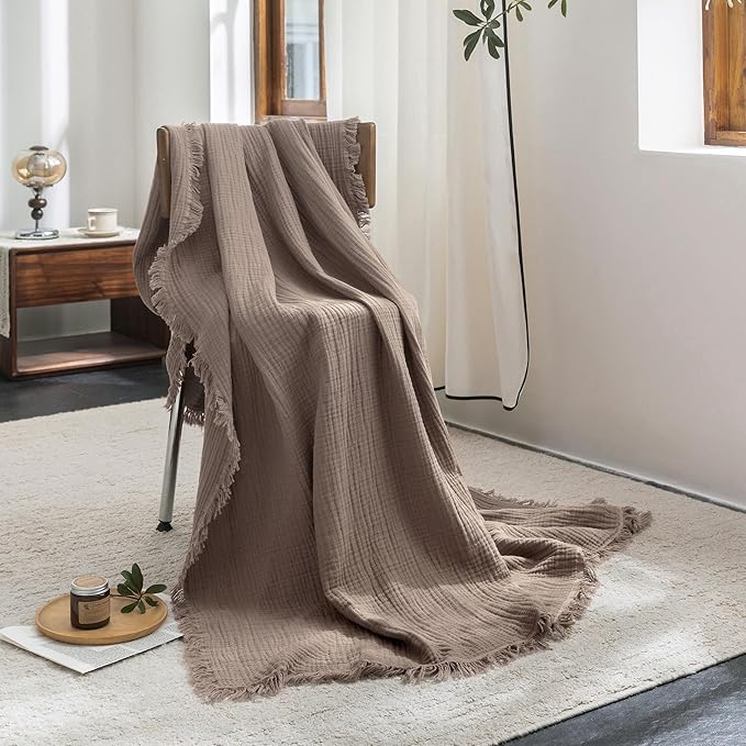 FOSSA Muslin Blanket with Fringe - 4-Layer 100% Cotton Gauze Super Soft & Breathable Throw -Lightweight Decorative Cooling Blanket for Bed, Sofa, Office (Pale Brown, Throw XL (50" × 70"))