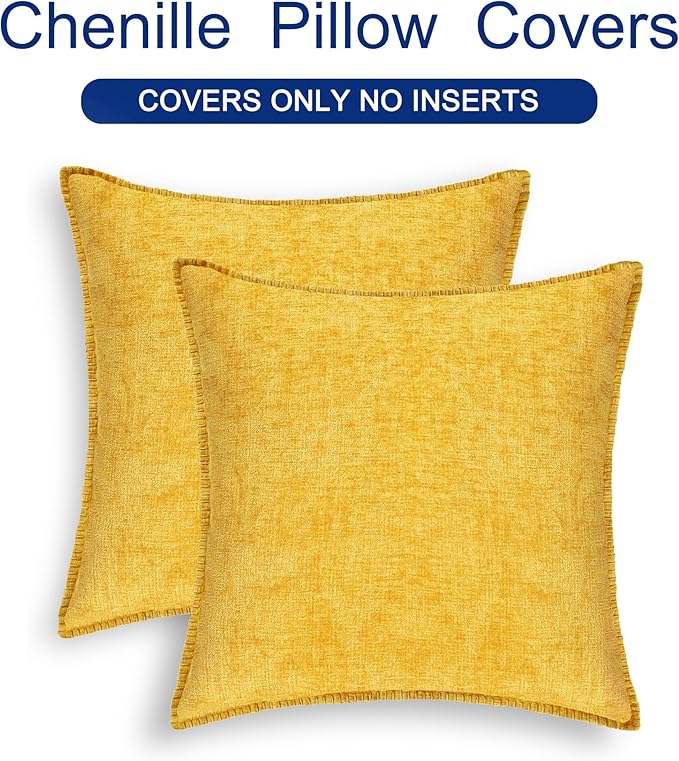 CaliTime Throw Pillow Covers Decorative 22 X 22 Inches Pack of 2 Cotton Thread Stitching Edges Solid Dyed Soft Chenille Cushion Cases for Couch Sofa Bed Living Room Farmhouse Mustard Yellow