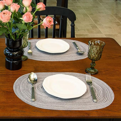 Noctiflorous Oval Braided Placemats Set of 6 Woven 12x18 Inch Non Slip Washable Heat Resistant Place Mats Round Tablemats for Dining Kitchen Party Daily Table Decor Dinner Mats (Gray, 6)