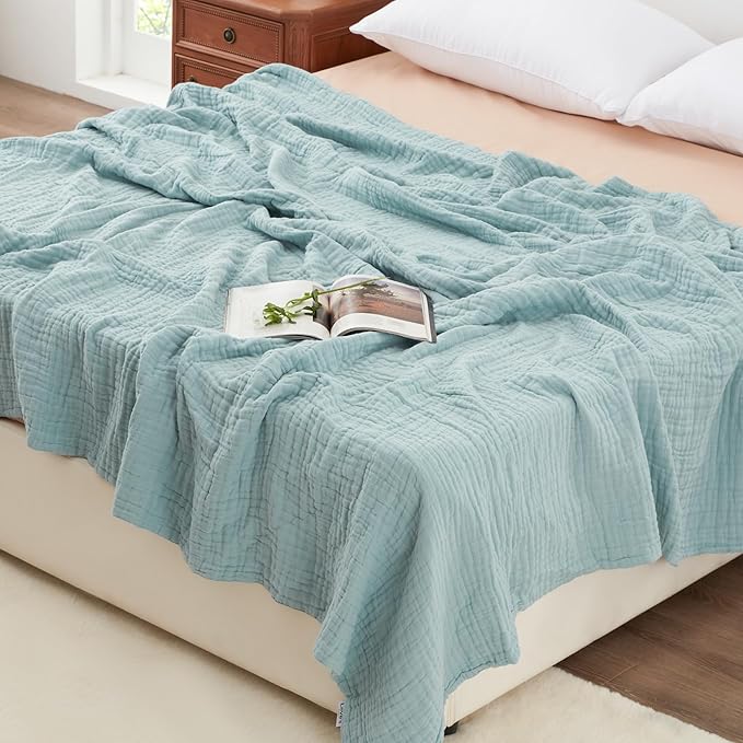 Love's cabin 6 Layer 100% Cotton Muslin Blanket, 90"x90" Muslin Blanket Queen for Couch Bed, Lightweight and Breathable Cotton Gauze for Adult, Cyan