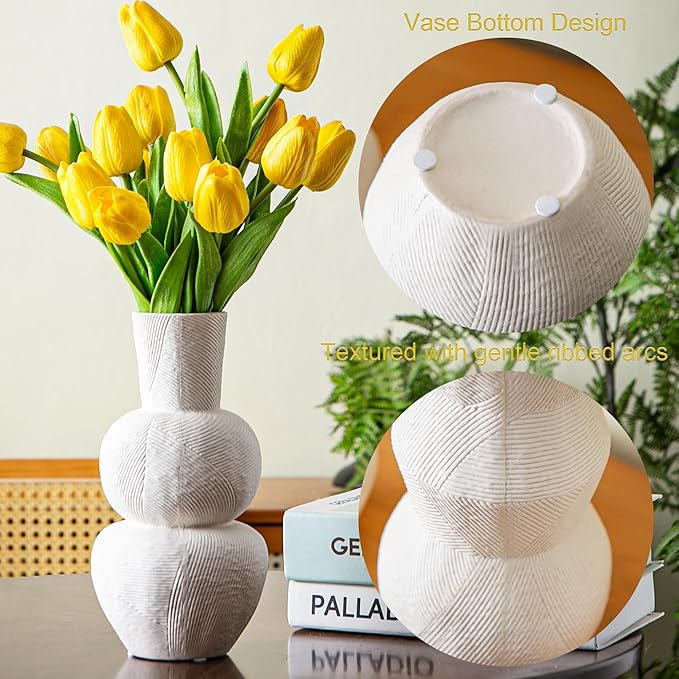 White Textured Ceramic Vase Set of 3 – Modern Decorative Pottery Vases for Boho and Farmhouse Home Decor, Minimalist Flower Vases for Living Room, Shelf, Mantel or Table Display