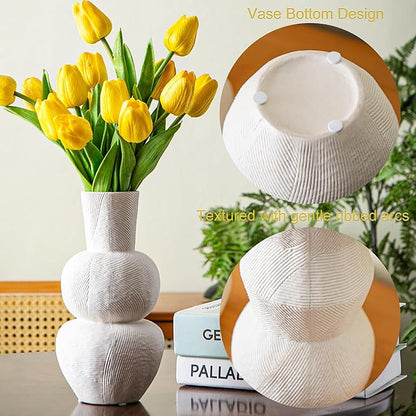 White Textured Ceramic Vase Set of 3 – Modern Decorative Pottery Vases for Boho and Farmhouse Home Decor, Minimalist Flower Vases for Living Room, Shelf, Mantel or Table Display