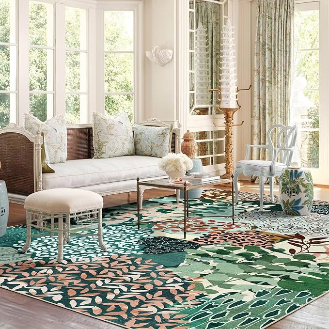 DEXDE 5x7 Area Rugs, Washable Non-Slip Abstract Boho Soft Rug for Living Room Bedroom,Leaves Floral Print Large Carpet for Entryway Playroom Office, Dark Green