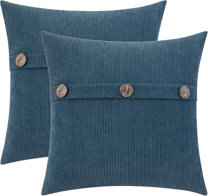 HWY 50 Blue Chenille Throw Pillow Covers 18x18 Inch with Triple Buttons, Soft Farmhouse Accent Decorative Cushion Cases for Couch Sofa Bed Living Room Pack of 2