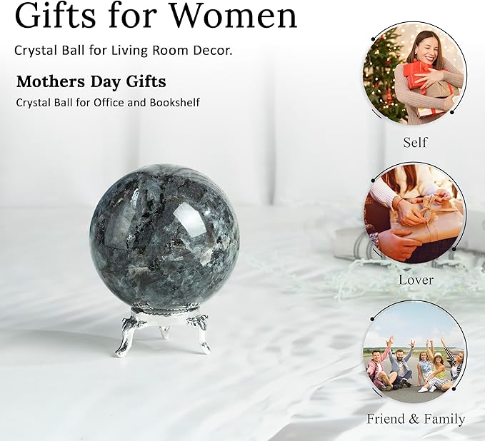 Crocon 50mm Larvikite Stone Sphere Ball with Metal Stand 1400+ Carats Gemstone Ball Healing Sphere Sculpture Figurine for Fengshui Divination Home Decoration Photography Crystal Sphere