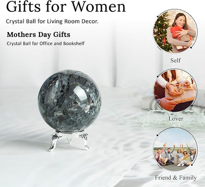 Crocon 50mm Larvikite Stone Sphere Ball with Metal Stand 1400+ Carats Gemstone Ball Healing Sphere Sculpture Figurine for Fengshui Divination Home Decoration Photography Crystal Sphere