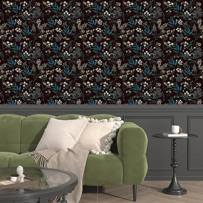 Vintage Green Wallpaper Peel and Stick Dark Floral Wallpaper 17.5'' x 393'' Green Leaf Contact Paper Vinyl Waterproof Self Adhesive Boho Botanical Wall Paper for Bedroom Cabinet Décor