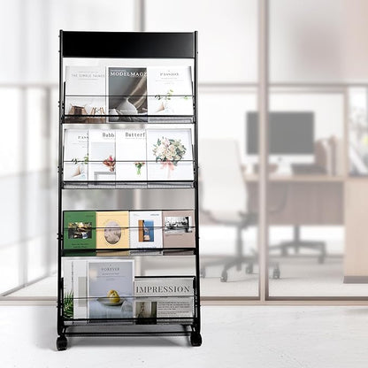 Floor Magazine Rack Brochure Display Stand 4-Layer With Wheels And Top Billboard, Newspaper Magazine Holder High-Hardness For Office Exhibitions, Black (57.5''*25''*13.2'')
