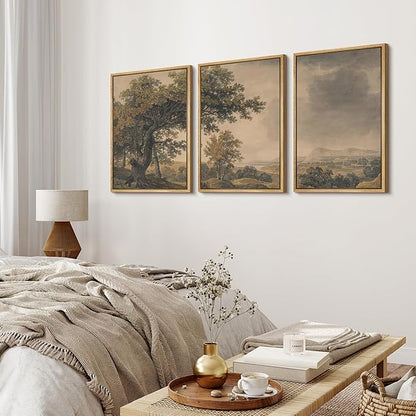 MUDECOR Framed Wall Art Print Set Vintage Landscape Rustic Tree and Mountain View Illustrations Decorative Colorful for Living Room, Bedroom, Office - 24"x36"x3 Natural