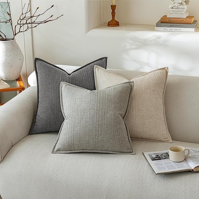 a moment Linen Pillow Covers Set of 2,Boho Farmhouse Throw Pillowcases Neutral Textured Decorative Covers for Couch Sofa,Soft Linen Blend Accent Case Cushion Living Room Home Decor 22"x22"Rustic Gray