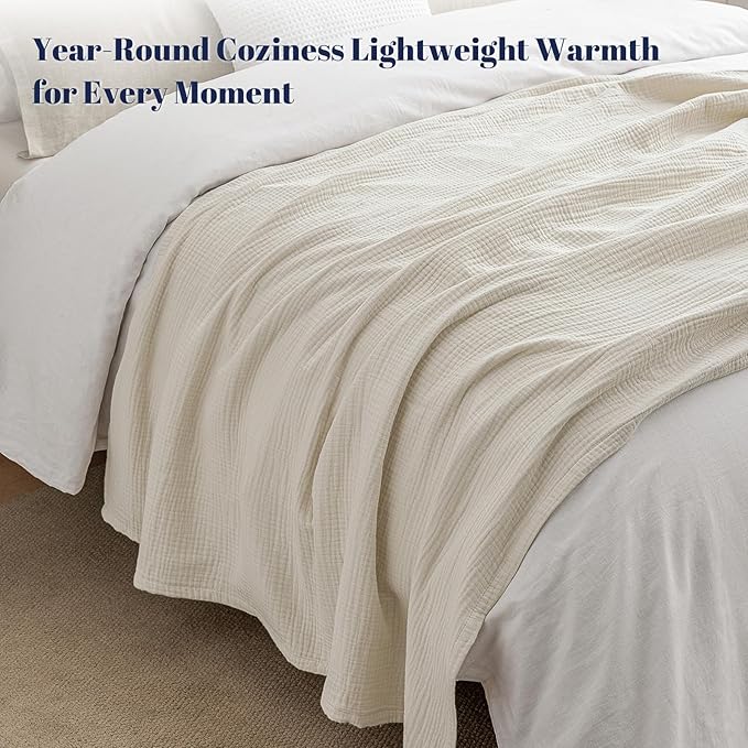 PHF 100% Cotton Muslin Blanket King Size 108"x90", 4-Layer Lightweight Gauze Throw, Breathable Cloud-Soft Minimalist Blanket for Bed, Couch, Camping & Baby, Oat Milk, Ideal Gift