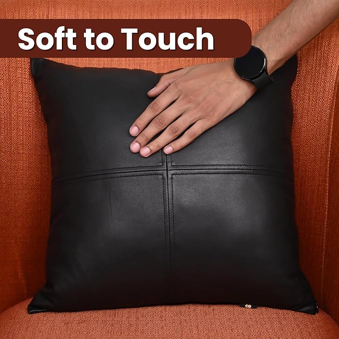 LL LEATHER LOVERS Lambskin Leather Pillow Cover, Hand Panel Stitched Leather Decorative Throw Pillow Covers for Couch Sofa Bed Living Room Garden (22x22 Inches, Black Pack of 2)