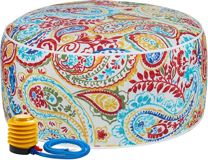 Inflatable Outdoor Ottoman with Air Pump,20"x9" Portable Patio Pouf,Water Resistant,Fade-Resistant,Round Blow Up Footrest Stools for Home Garden Camping Travel(Phoenix)