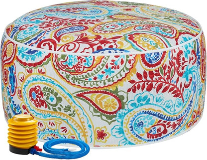 Inflatable Outdoor Ottoman with Air Pump,20"x9" Portable Patio Pouf,Water Resistant,Fade-Resistant,Round Blow Up Footrest Stools for Home Garden Camping Travel(Phoenix)