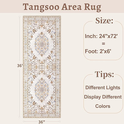 Tangsoo 2x6 Washable Runner Rug Non Slip, Vintage Boho Neutral Hallway Rug for Entry Kitchen, Soft Low Pile Beige Floor Carpet Runner for for Laundry, Bedroom, Living Room Home Decor