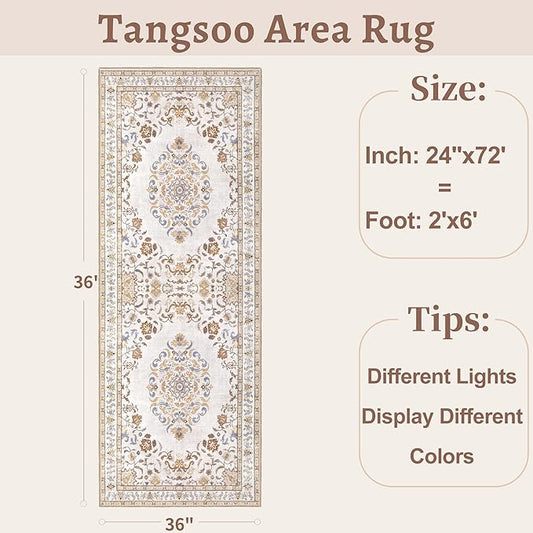 Tangsoo 2x6 Washable Runner Rug Non Slip, Vintage Boho Neutral Hallway Rug for Entry Kitchen, Soft Low Pile Beige Floor Carpet Runner for for Laundry, Bedroom, Living Room Home Decor