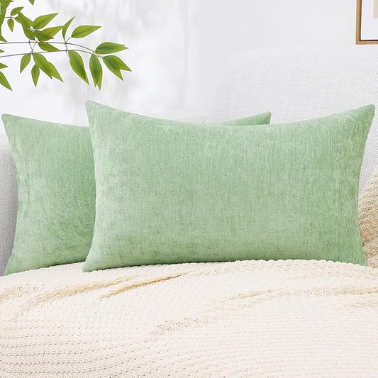 decorUhome Chenille Sage Green Spring Throw Pillow Covers 12x20 Inch Set of 2, Decorative Soft Couch Pillow Covers Solid Dyed Accent Farmhouse Neutral Rectangle Pillow Cases for Sofa