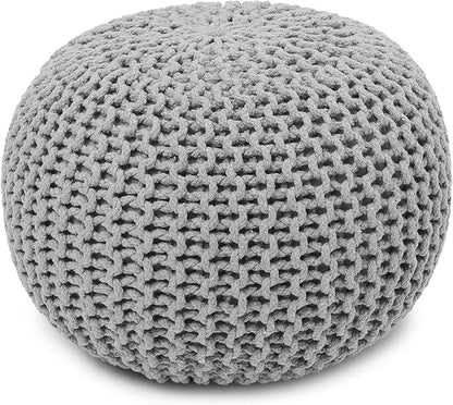 REDEARTH · Round Boho Pouf Ottoman - Cable Knitted Cord Boho Pouffe - Stuffed Poof Accent Beanbag Footrest for Living Room - Nursery - Bedroom - Covered Patio - Study Nook (19.5"x19.5"x14") - Gray