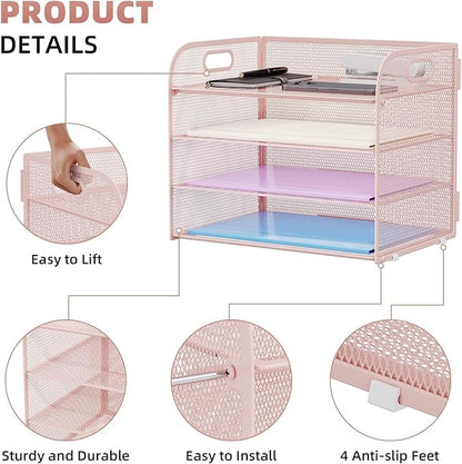 Marbrasse 2 Pack 4 Tier Paper Organizer Letter Tray - Mesh Desk File Organizer with Handle, Paper Sorter Organizer for Letter/A4 Office File Folder Holder (Pink, 12.6" x 9.1" x 10.7")