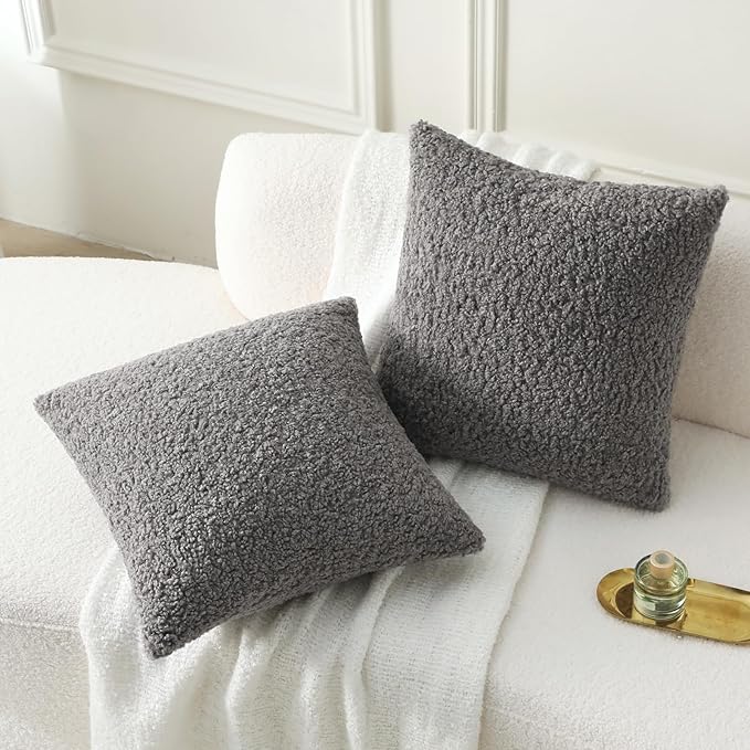 FUTEI Dark Grey Throw Pillow Covers 18x18 Inch Set of 2,Furry Faux Fur Teddy Boucle Textured Cushion Covers,Soft Fluffy Decorative Pillow Case,Home Decor for Couch Bed Living Room Office Car