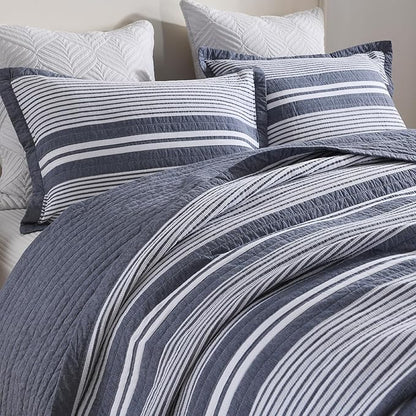 100% Cotton Quilt Set King Size, King Quilt Bedding Set, Waffle Texture Quilt Bedspread for King Bed, Striped Reversible Bed Spread Lightweight Comforter, 3Pcs, Slate Gray