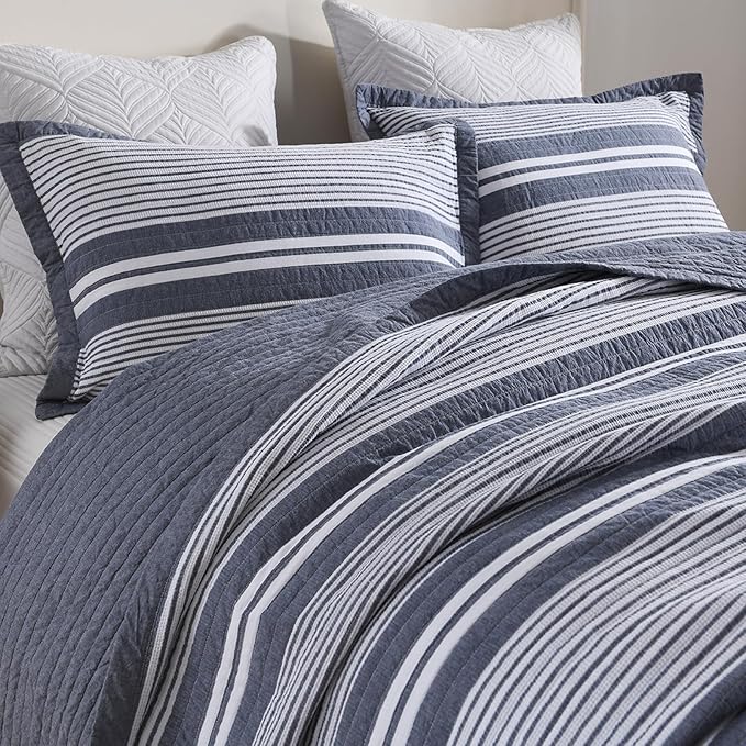 100% Cotton Quilt Set Queen Size, Queen Quilt Bedding Set, Waffle Texture Quilt Bedspread for Queen Bed, Striped Reversible Bed Spread Lightweight Comforter, 3Pcs, Slate Gray