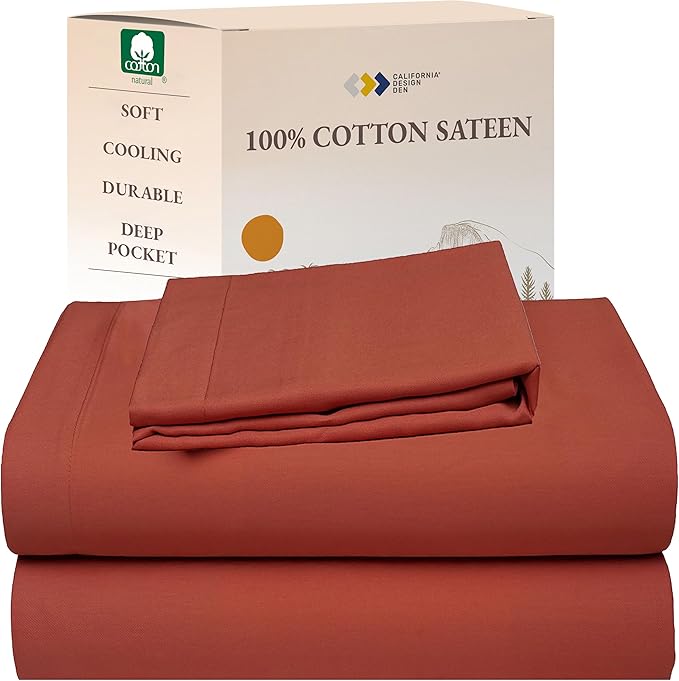 California Design Den Twin XL Bed Sheets Set - Natural 100% Cotton Sateen, Deep Pockets, Breathable and Durable Bedding for Dorm Rooms, College (Bright Orange)