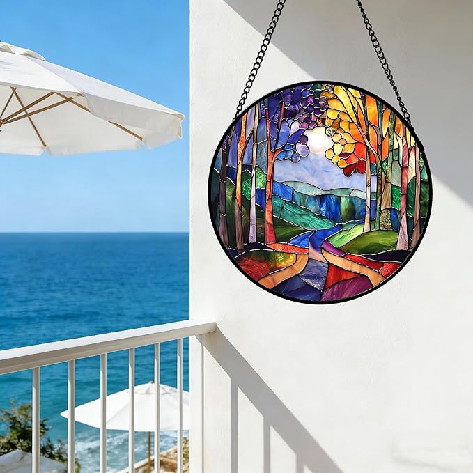 DASTOLL Stained Glass Window Hanging, Colorful Forest Landscape Tree Suncatcher for Doors Window Home Abstract Sun Catchers Decoration Mother's Day Birthday Gifts for Women, Men, and Mom 6.3 in