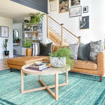 Lahome Abstract Teal 8x10 Area Rugs for Living Room, Washable Modern Bedroom Rug 8x10 Stain Resistant, Low-Pile Soft Minimalist Bordered Large Indoor Carpet for Office Dining Room