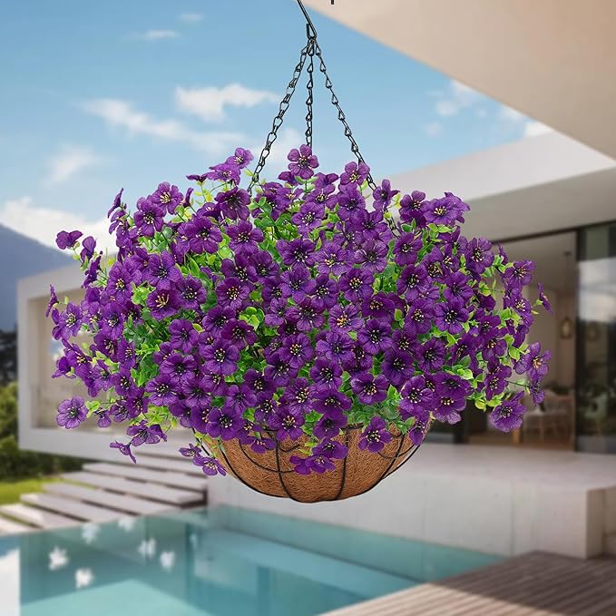 Artificial Fake Hanging Plants Flowers Basket Outdoors Outside Summer Decor, Hanging Planter with Faux Silk Daisy Flower Realistic UV Resistant for Porch Front Patio Balcony Garden Yard Spring（Purple）
