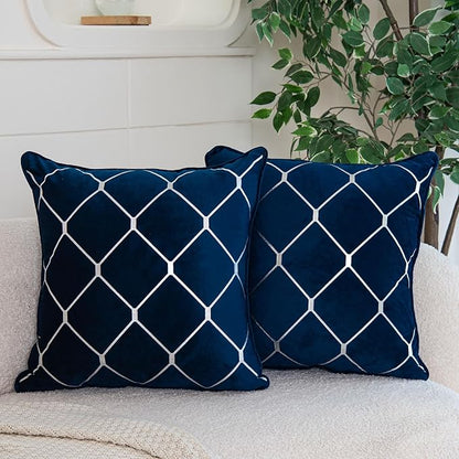 WACOMECO Silver Throw Pillow Covers, Pack of 2 Soft Velvet Decorative Cushion Covers for Couch Sofa Home Decoration, Navy Blue, 18x18 Inch