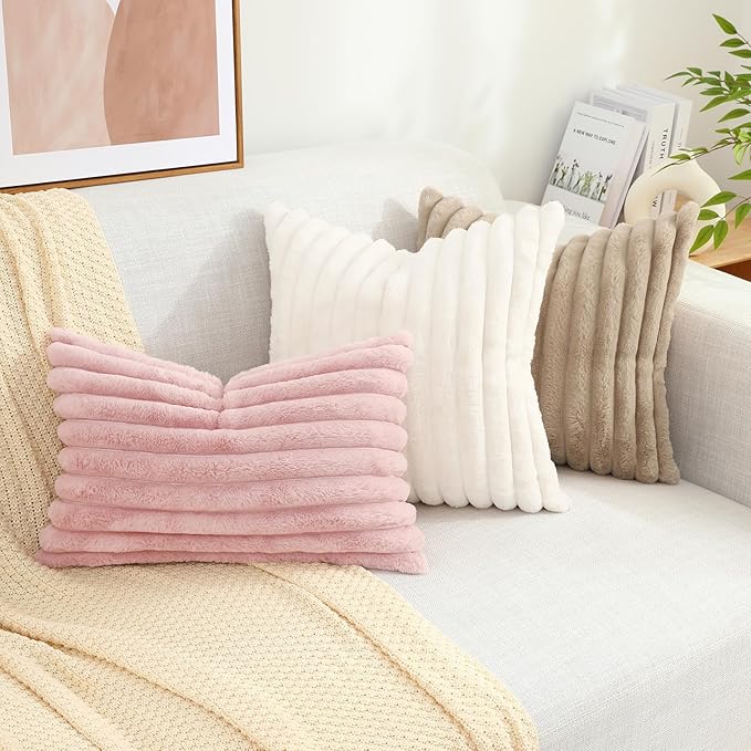 decorUhome Faux Fur Spring Throw Pillow Covers 12x20 Set of 2, Decorative Soft Plush Striped Lumbar Neutral Couch Pillow Covers with Velvet Back for Sofa, Bed, Living Room Home, Pink