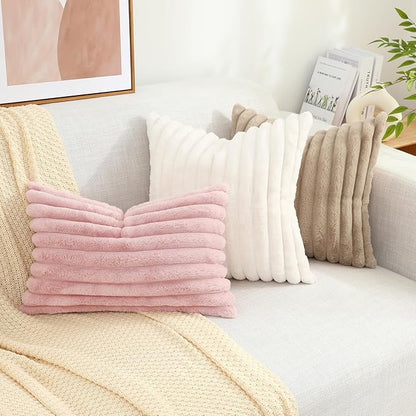 decorUhome Faux Fur Spring Throw Pillow Covers 12x20 Set of 2, Decorative Soft Plush Striped Lumbar Neutral Couch Pillow Covers with Velvet Back for Sofa, Bed, Living Room Home, Pink