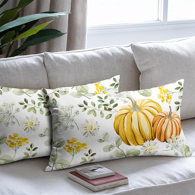 Pumpkin Fall Lumbar Pillow Covers 12x20 Set of 2 Yellow Saga Green Leaf Autumn Floral Thanksgiving Pillow Cases Outdoor Decorative Holiday Cushion Cover Decoration Farmhouse Home Sofa Couch Bed Decor
