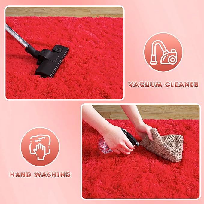 Super Fluffy Rug for Bedroom, 4x6 Shag Fuzzy Area Rug for Living Room Bedroom, Plush Soft Carpet for Girls Boys Kids, Non Slip Throw Rugs for Dorm, Modern Home Decor Aesthetic, Red
