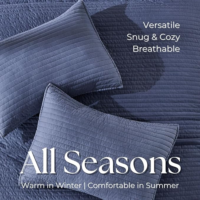 DOWN HOME King Quilt Bedding Set with Shams, Vintage Washed Soft Quilted Blanket Thin Comforter Lightweight Bedspread Coverlet Bed Cover, Brushed Microfiber Stripe Stitching, Vintage Denim, 104"x90"