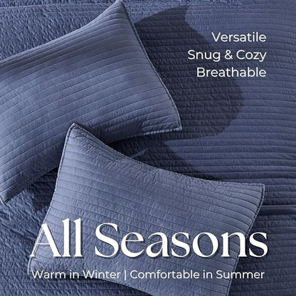 DOWN HOME Cali King Quilt Bedding Set with Shams, Vintage Washed Quilted Blanket Thin Comforter Lightweight Bedspread Coverlet Bed Cover, Brushed Microfiber Stripe Stitching, Vintage Denim, 111"x92"