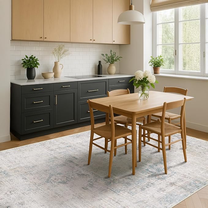 Washable 6x9 Bedroom Rug - Blue Grey Modern Rug for Living Room, Dining Room Table, Non Slip Soft Faded Print Mat