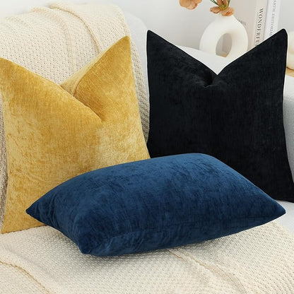 decorUhome Chenille Black Spring Throw Pillow Covers 18x18 Inch Set of 2, Decorative Soft Couch Pillow Covers Solid Dyed Accent Farmhouse Neutral Square Pillow Cases for Sofa