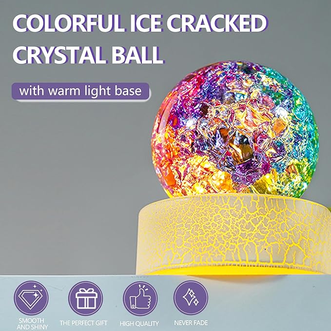 ZEERSHEE 2.3inch Colorful Ice Cracked Crystal Ball with Warm Light Base Glass Decorative Ball Paperweight Home Decor Fengshui Accessories Ornament