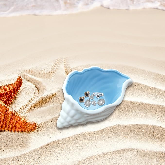 Ceramic Conch Shell Jewelry Dish Tray Blue Shell Jewelry Holder Seashell Trinket Dish Earring Ring Dish Holder Ocean Coastal Decor Jewelry Plate Tray Key Bowl for Christmas Room Beach Decor
