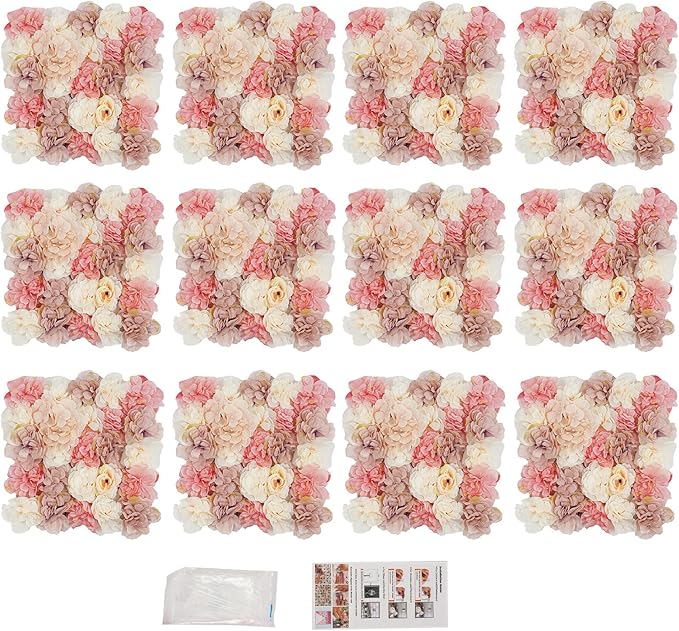 12Pcs Artificial Flower Wall Panel 3D Floral Backdrop Walls15 X 15" Flower Wall Decor Panel Flower Backdrop for Party Home Background Decor-Champagne, White, Pink