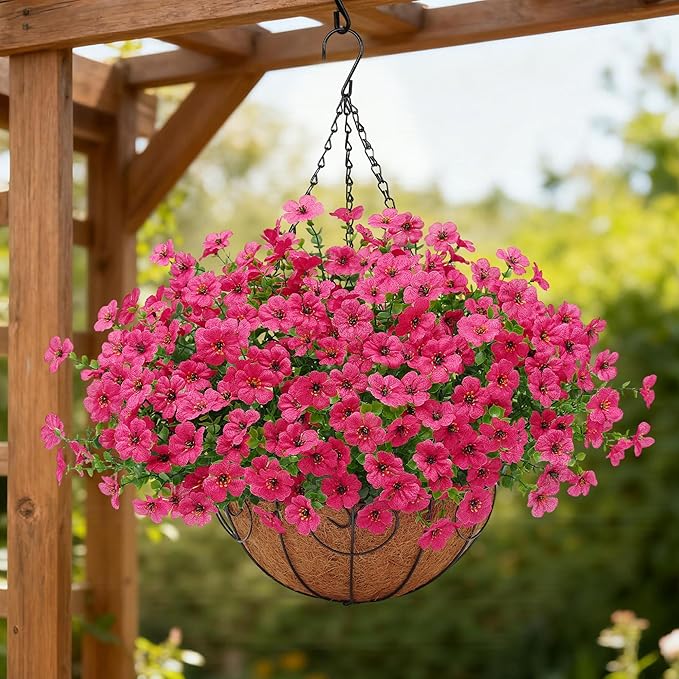 Artificial Fake Hanging Plants Flowers Basket Outdoors Outside Summer Decoration,Hanging Planters with Faux Silk Flowers Realistic UV Resistant for Home Indoor Porch Front Patio Balcony Garden Fuchsia