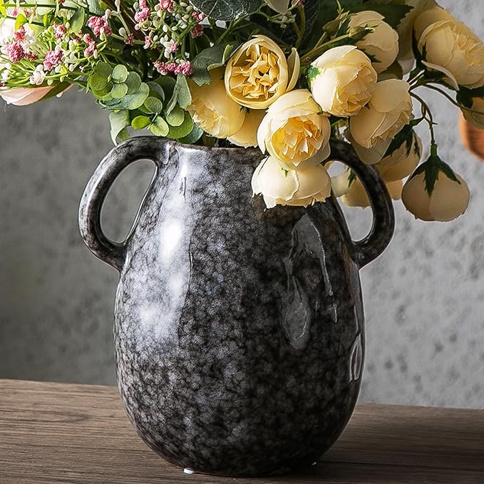 Ceramic Modern Farmhouse Vase with 2 Handles, Black Ceramic Vases for Home Decor, Rustic Pottery Vase, Decorative Terracotta Flower Vases, Clay Jug for Table Living Room Shelf Mantel Decor