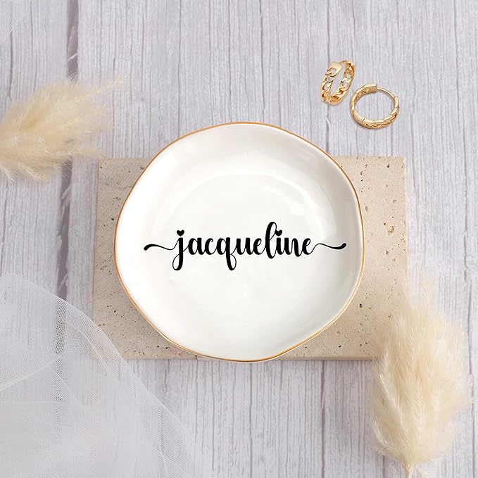 JoycuFF Jacqueline Personalized Name Ceramic Jewelry Tray, Mothers Day Christmas Anniversary Engagement Birthday Gifts for Women Couples, Trinket Dish for Rings Earrings Necklaces Bracelets Keys