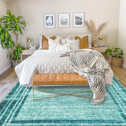Lahome Abstract Teal 8x10 Area Rugs for Living Room, Washable Modern Bedroom Rug 8x10 Stain Resistant, Low-Pile Soft Minimalist Bordered Large Indoor Carpet for Office Dining Room