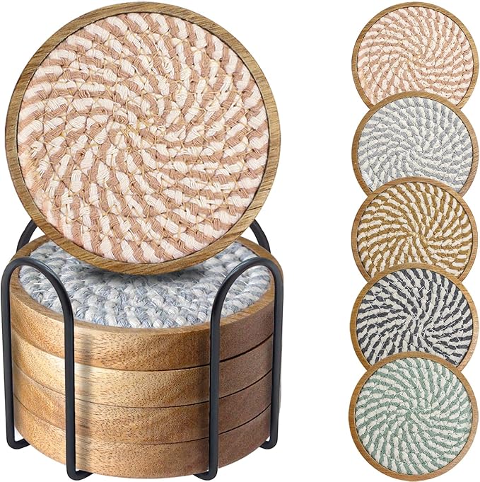 Coasters for Drinks Absorbent Sets of 5, Woven Coasters with Holder, Housewarming Gift for Farmhouse Home Decor, 4 inches (Colorful Series)