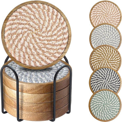 Coasters for Drinks Absorbent Sets of 5, Woven Coasters with Holder, Housewarming Gift for Farmhouse Home Decor, 4 inches (Colorful Series)